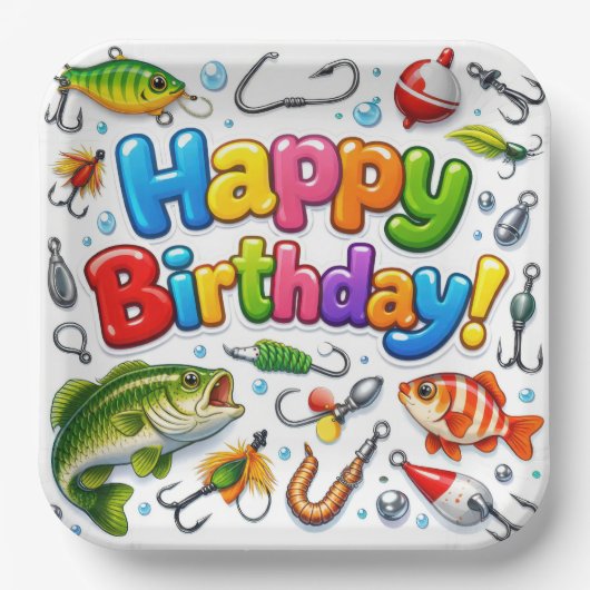 Happy Birthday Fish, Lures and Hooks ペーパープレート (正面)