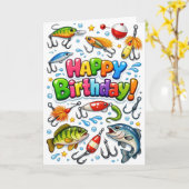 Happy Birthday Fishing Lures and Hooks カード (黄色い花)
