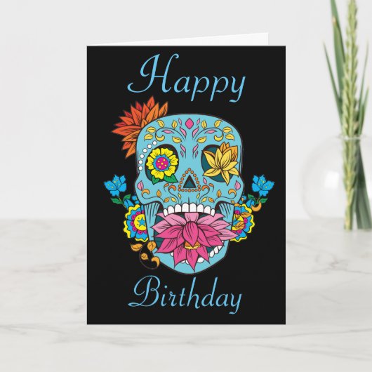 Happy Birthday Flowers Mexican Tattoo Sugar Skull カード (正面)