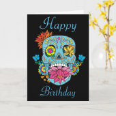 Happy Birthday Flowers Mexican Tattoo Sugar Skull カード (黄色い花)