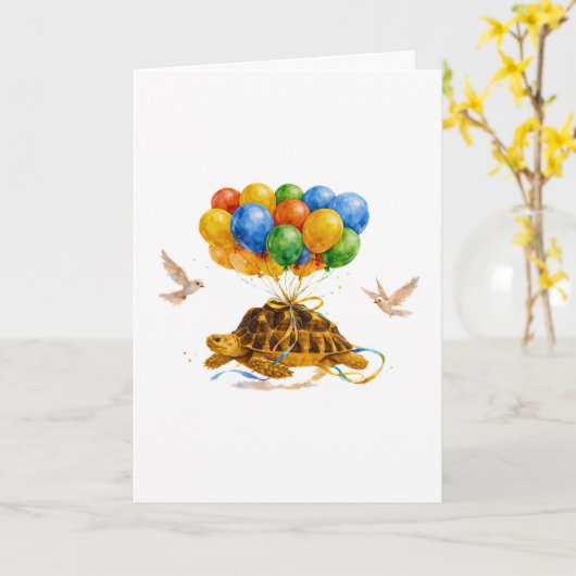 Happy Birthday flying Sulcata turtle with balloons カード (黄色い花)