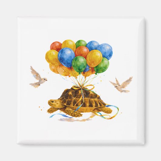 Happy Birthday flying Sulcata turtle with balloons マグネット (正面)