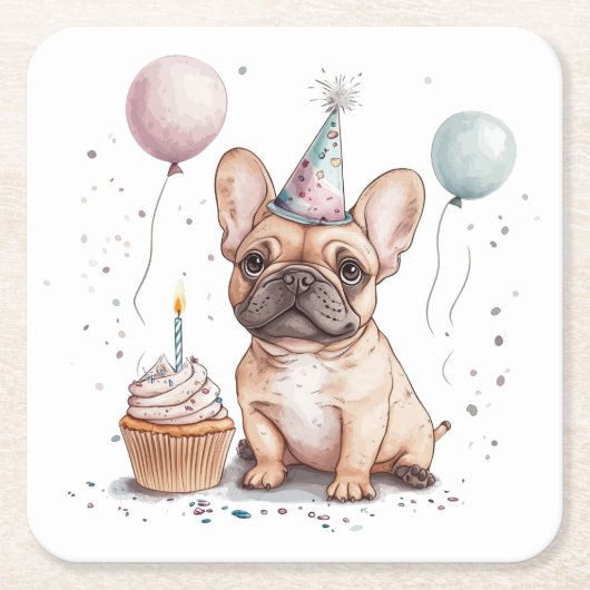 Happy Birthday French Bulldog スクエアペーパーコースター (正面)