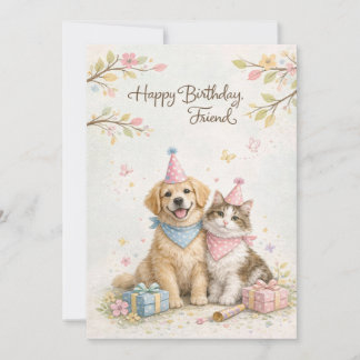 Happy Birthday Friend カード | かわいい猫と犬のベストフレンド