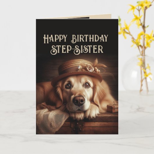 Happy Birthday Fun Dog Step-Sister カード (黄色い花)