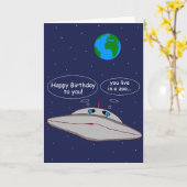 Happy Birthday Funny Alien Spaceship Occasion Gift カード (黄色い花)