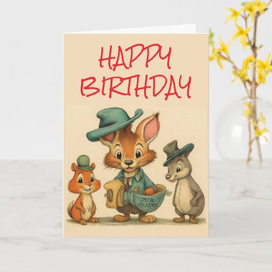 Happy Birthday Funny Cute Cartoon Animal Couriers  カード (黄色い花)