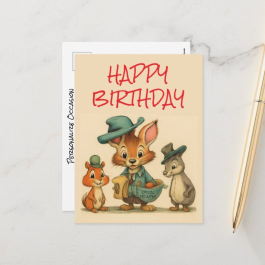 Happy Birthday Funny Cute Cartoon Animal Couriers  シーズンポストカード (正面/裏面インサイチュ)