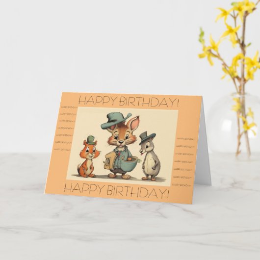 Happy Birthday Funny Cute Cartoon Animals Courier  カード (黄色い花)