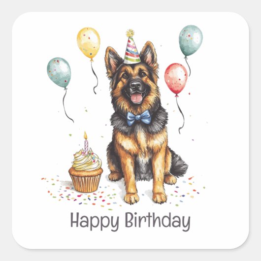 Happy Birthday German Shepherd Dog スクエアシール (正面)