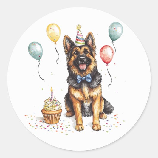 Happy Birthday German Shepherd Dog ラウンドシール (正面)