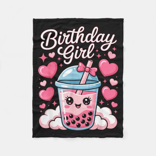 Happy Birthday Girl Cute Nk Bow Bubble Boba Tea An フリースブランケット (正面)