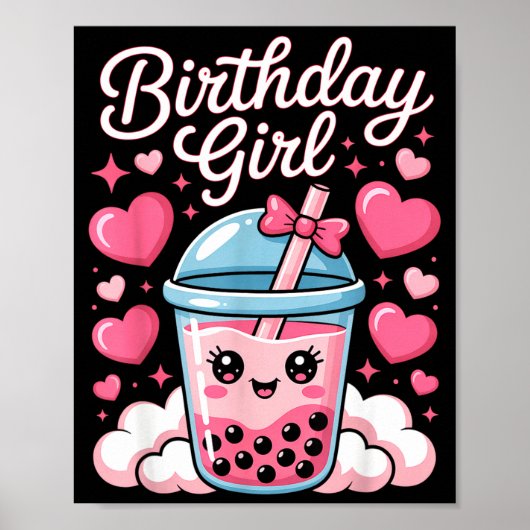 Happy Birthday Girl Cute Nk Bow Bubble Boba Tea An ポスター (正面)
