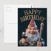 "Happy Birthday" Gnome Toasting with Red Wine ポストカード (正面/裏面)