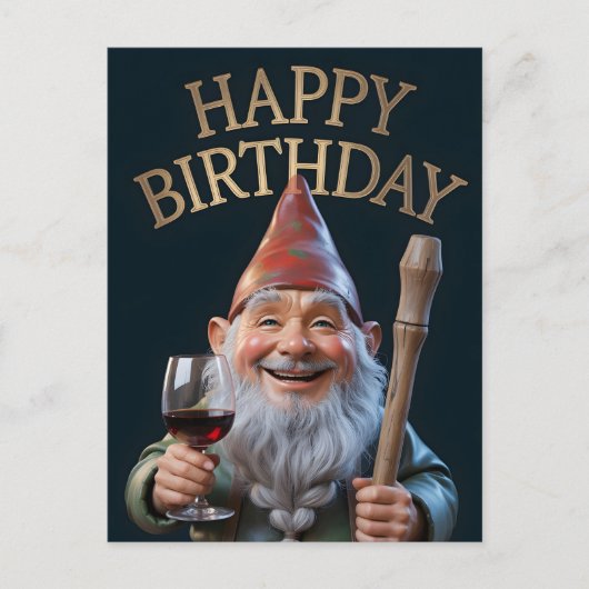 "Happy Birthday" Gnome Toasting with Red Wine ポストカード (正面)