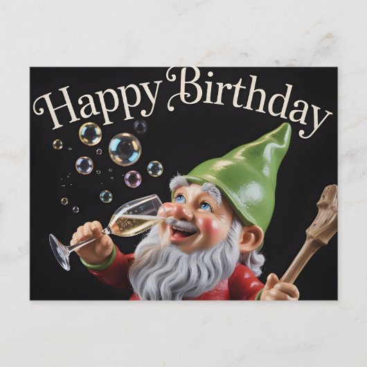 "Happy Birthday" Gnome with Champagne and Bubbles ポストカード (正面)