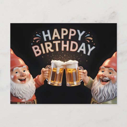 "Happy Birthday" Gnomes Toasting Beer Mugs ポストカード (正面)