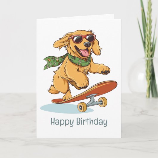 Happy Birthday Golden Retriever Dog Skateboarding カード (正面)
