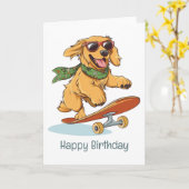 Happy Birthday Golden Retriever Dog Skateboarding カード (黄色い花)