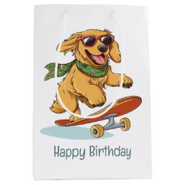 Happy Birthday Golden Retriever Dog Skateboarding ミディアムペーパーバッグ