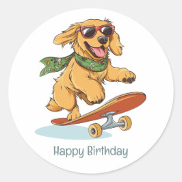 Happy Birthday Golden Retriever Dog Skateboarding ラウンドシール