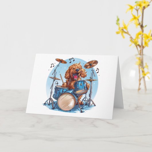 Happy Birthday Goldendoodle Dog Playing Drums カード (黄色い花)