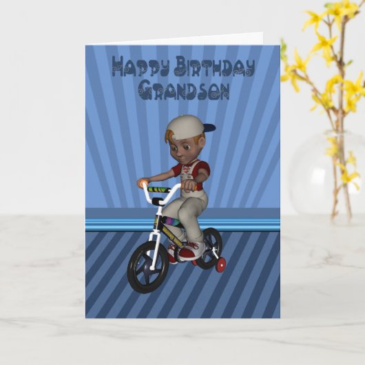 Happy Birthday Grandson, Boy on a bicycle カード (黄色い花)
