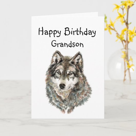 Happy Birthday Grandson, Humor Wolf, Wolves カード (黄色い花)