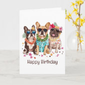 Happy Birthday Hawaiian French Bulldogs Flower Lei カード (黄色い花)