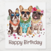 Happy Birthday Hawaiian French Bulldogs Flower Lei ワインラベル (シングルラベル)