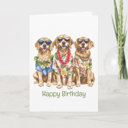 Happy Birthday Hawaiian Golden Retriever Dogs カード (正面)