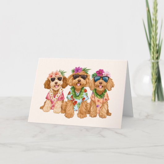 Happy Birthday Hawaiian Goldendoodle Dogs カード (正面)
