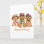 Happy Birthday Hawaiian Goldendoodle Dogs カード (黄色い花)