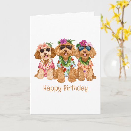 Happy Birthday Hawaiian Goldendoodle Dogs カード (黄色い花)