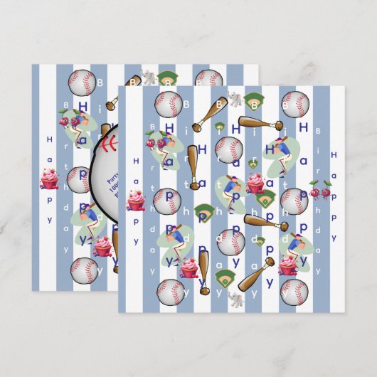 Happy Birthday Invitation Blue Stripe Baseball 招待状 (正面/裏面)