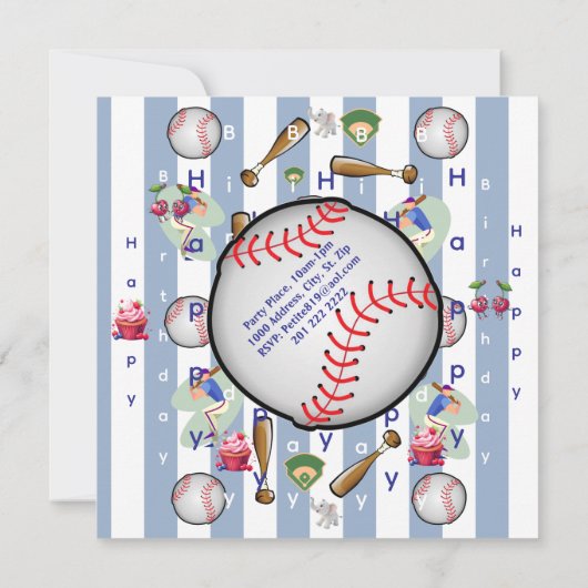 Happy Birthday Invitation Blue Stripe Baseball 招待状 (裏面)