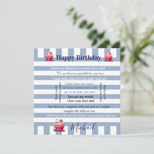 Happy Birthday Invitation Blue & White Stripe  招待状 (スタンド正面)