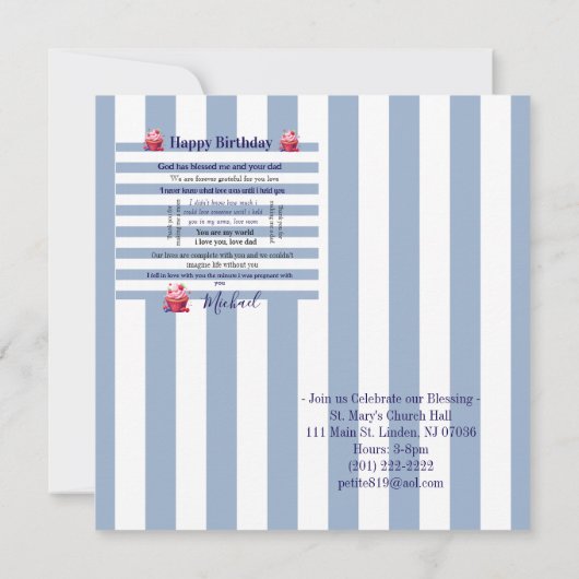 Happy Birthday Invitation Blue & White Stripe  招待状 (裏面)