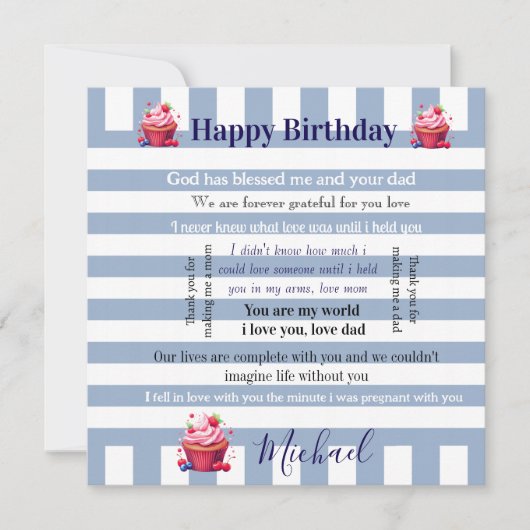 Happy Birthday Invitation Blue & White Stripe  招待状 (正面)