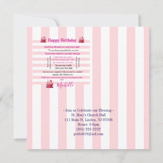 Happy Birthday Invitation Pink & White Stripe 招待状 (裏面)