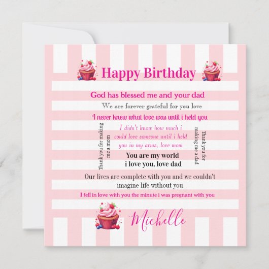 Happy Birthday Invitation Pink & White Stripe 招待状 (正面)