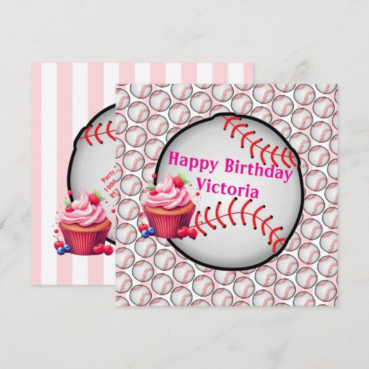 Happy Birthday Invitation Stripe Pink Baseball 招待状 (正面/裏面)
