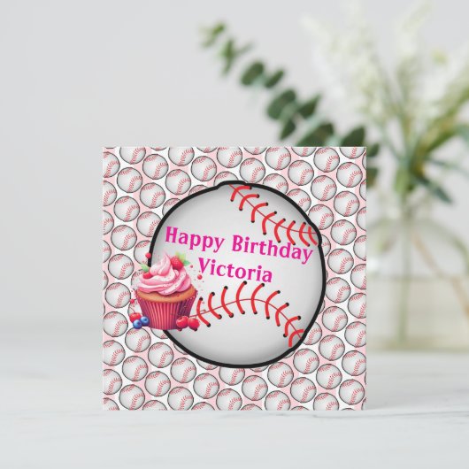 Happy Birthday Invitation Stripe Pink Baseball 招待状 (スタンド正面)