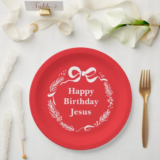 Happy Birthday Jesus | Hand Drawn Bow Christmas ペーパープレート (ウェディング)