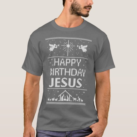 Happy Birthday Jesus Ugly Christmas Sweater Scandi Tシャツ (正面)