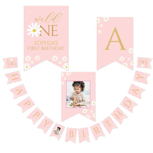 Happy Birthday Kids boho daisy Cute Pink  バンティングフラッグ