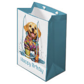 Happy Birthday Labrador Retriever Rain Puddle ミディアムペーパーバッグ (正面アングル)