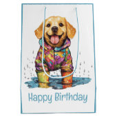 Happy Birthday Labrador Retriever Rain Puddle ミディアムペーパーバッグ (裏面)