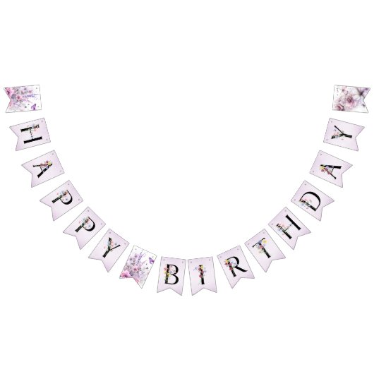 Happy Birthday Lilac Butterfly Watercolor Bunting バンティングフラッグ (全)