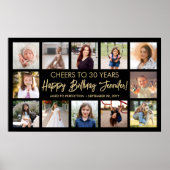 Happy Birthday Modern Photo Collage Black and Gold ポスター (正面)
